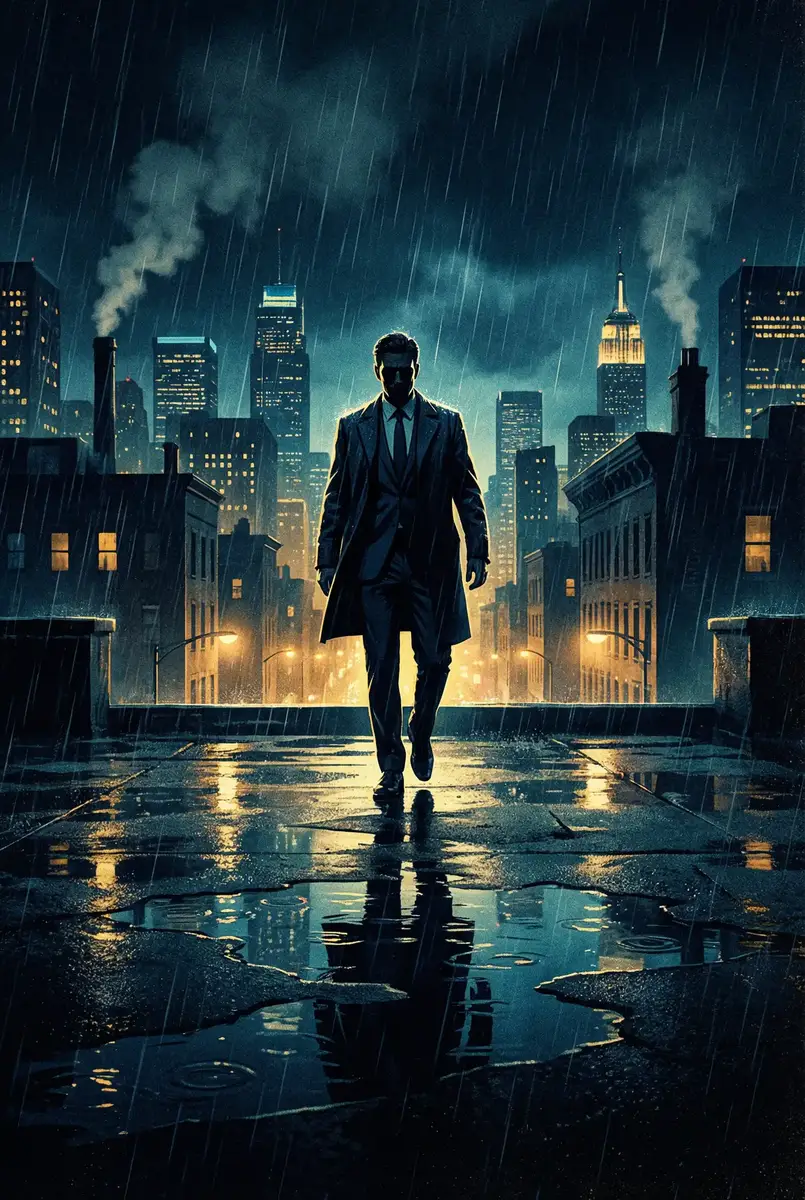 抖音IP属地未知 出品影片《雨夜独行者》海报，雨中城市屋顶男性剪影